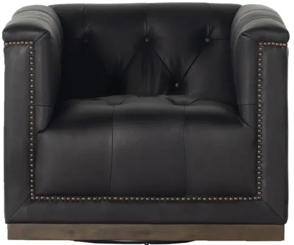Emmy Rustic Lodge Black Leather Tufted Nailhead Trim Swivel Club Chair