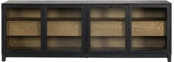 Clarence Rustic Lodge Black Oak Wood Clear Glass 4 Door Media Cabinet - 78"W