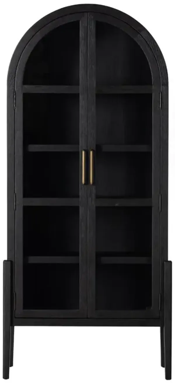 Ivan Mid Century Matte Black Solid Oak Wood 2 Glass Door Arched Display Case