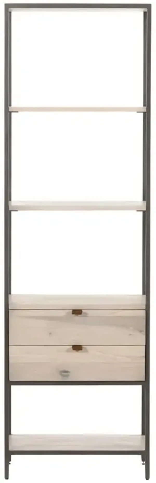 Theodore Industrial Loft Dove White Wood Grey Iron Frame 2 Drawer Display Bookcase