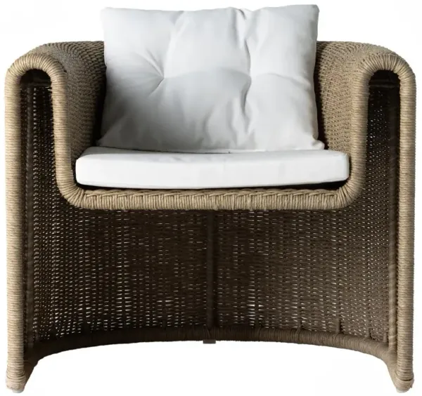 Aurora Coastal White Upholstered Cushion Beige Woven Wicker Outdoor Arm Chair