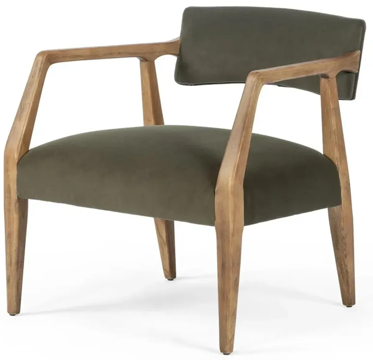 Pia Mid Century Modern Green Upholstered Velvet Natural Wood Frame Arm Chair