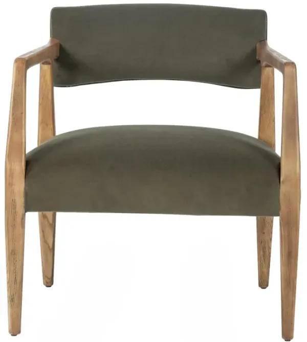 Pia Mid Century Modern Green Upholstered Velvet Natural Wood Frame Arm Chair