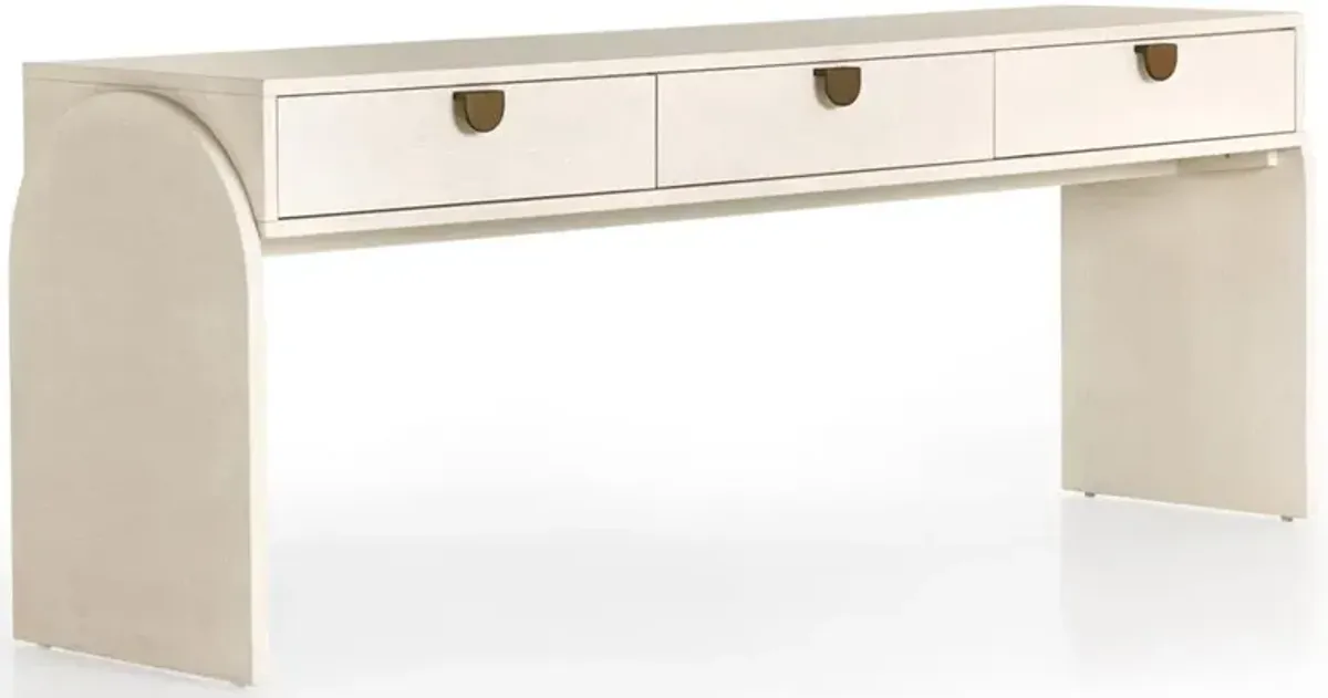 Maya Cream Painted Linen Mahogany Wood Brass Iron Pull 3 Drawer Console Table