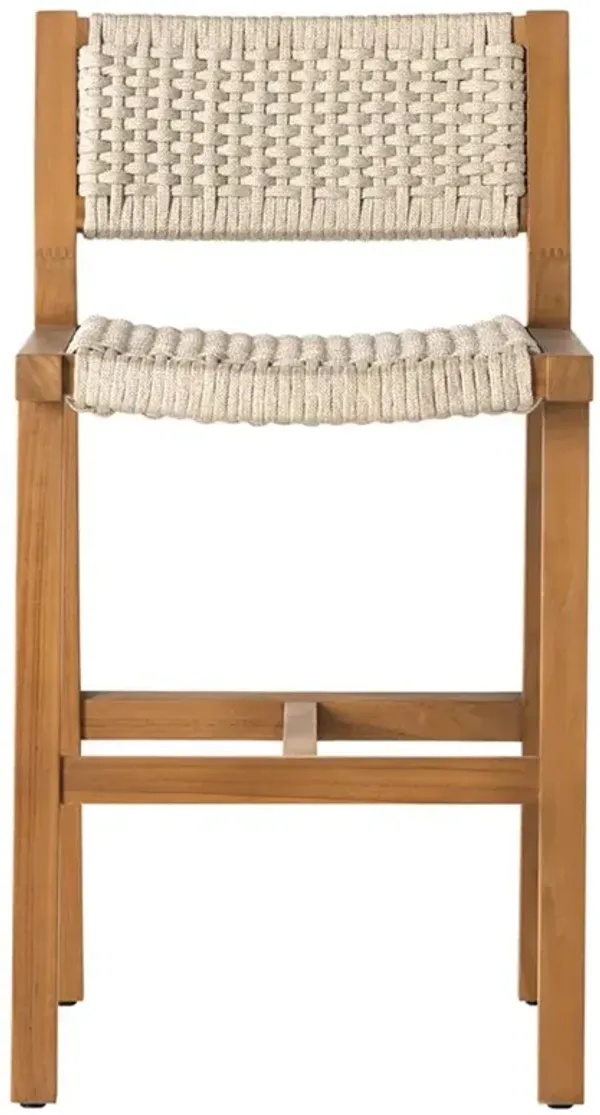 Dion Coastal Beach Light Brown Woven Rope Natural Teak Wood Outdoor Counter Stool