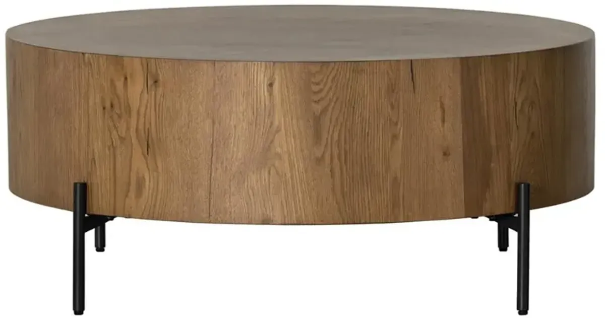 Alina Rustic Lodge Dark Brown Oak Wood Black Iron Base Round Coffee Table