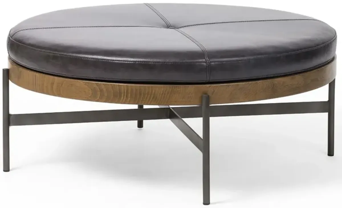 Eliza Industrial Black Leather Brown Wood Black Iron Base Round Stool - Large