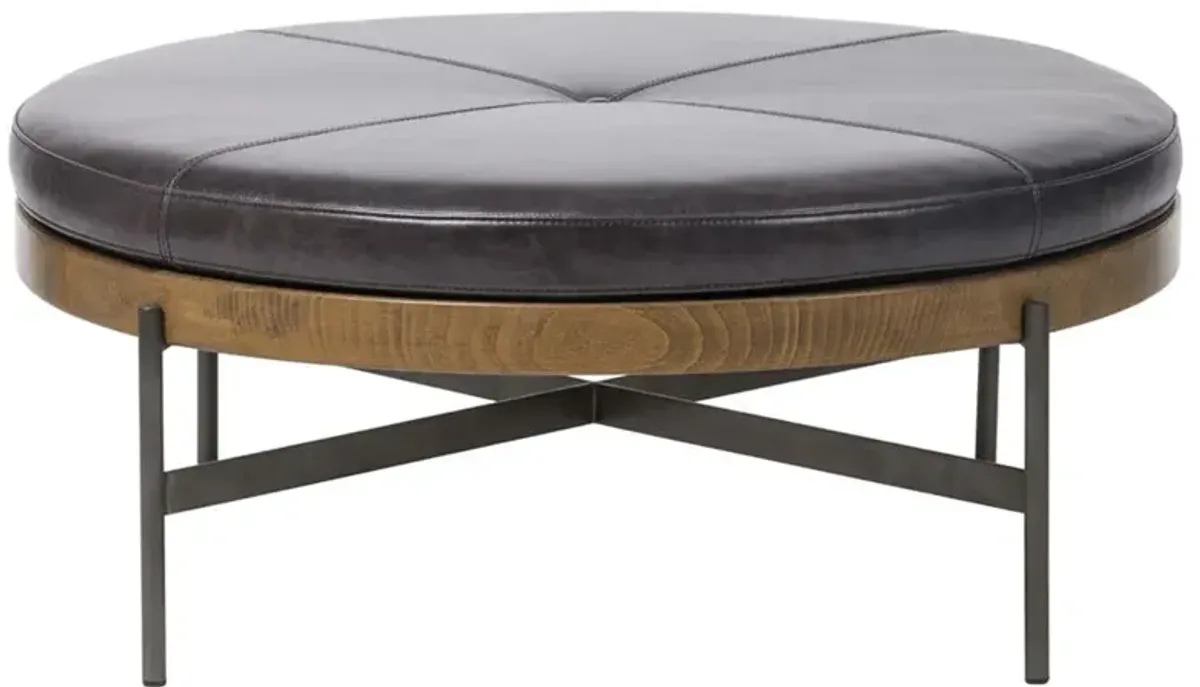 Eliza Industrial Black Leather Brown Wood Black Iron Base Round Stool - Large