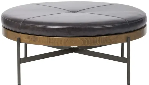 Eliza Industrial Black Leather Brown Wood Black Iron Base Round Stool - Large