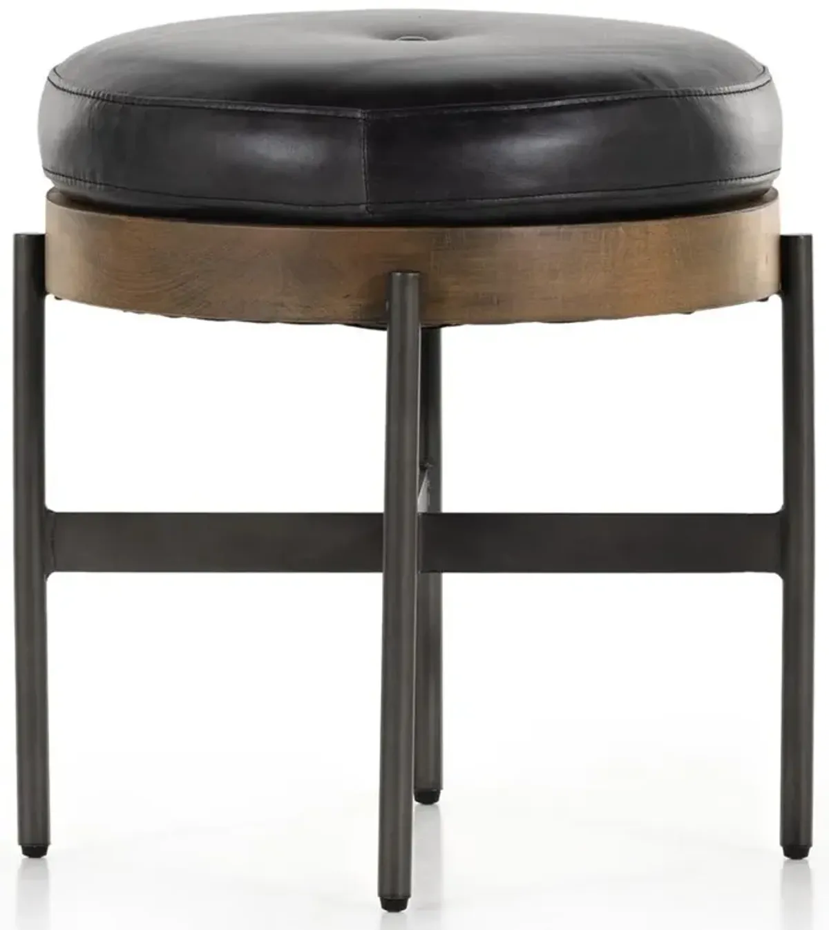 Eliza Industrial Black Leather Brown Wood Black Iron Base Round Stool - Small