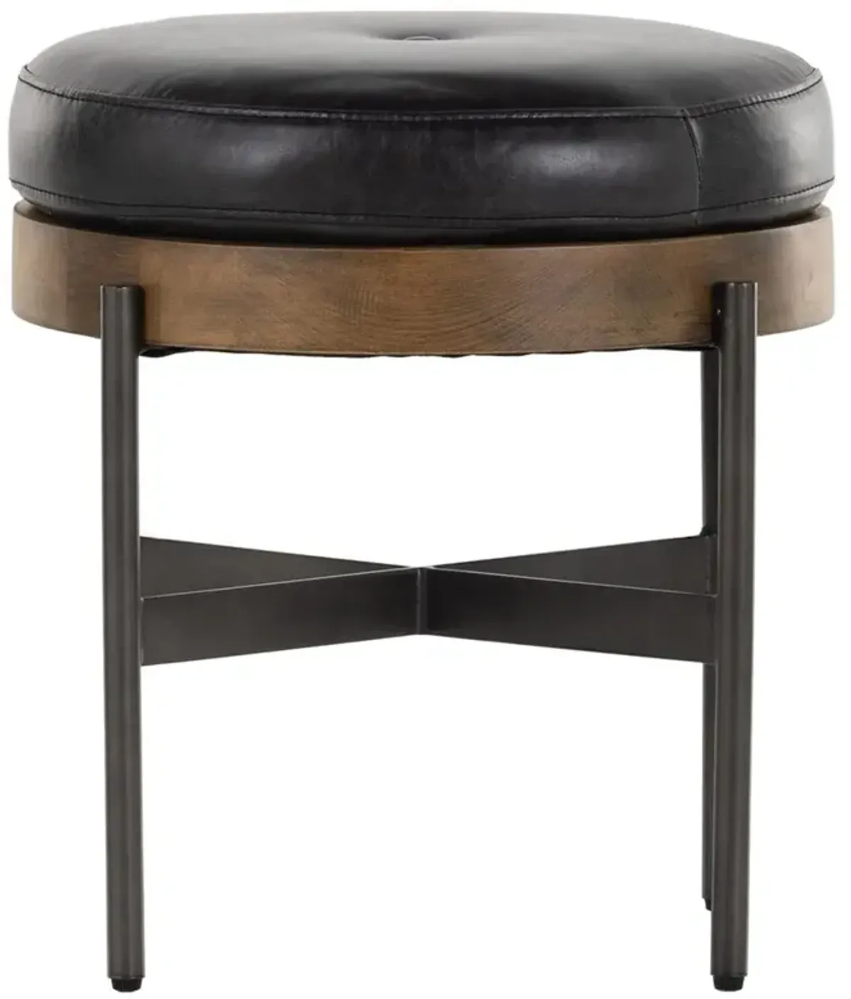 Eliza Industrial Black Leather Brown Wood Black Iron Base Round Stool - Small