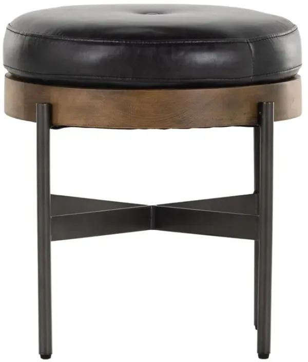 Eliza Industrial Black Leather Brown Wood Black Iron Base Round Stool - Small