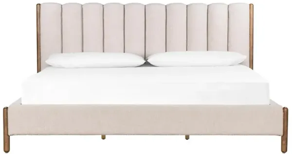 Tola Mid Century White Performance Boucle Channel Tufted Brown Wood Bed - King