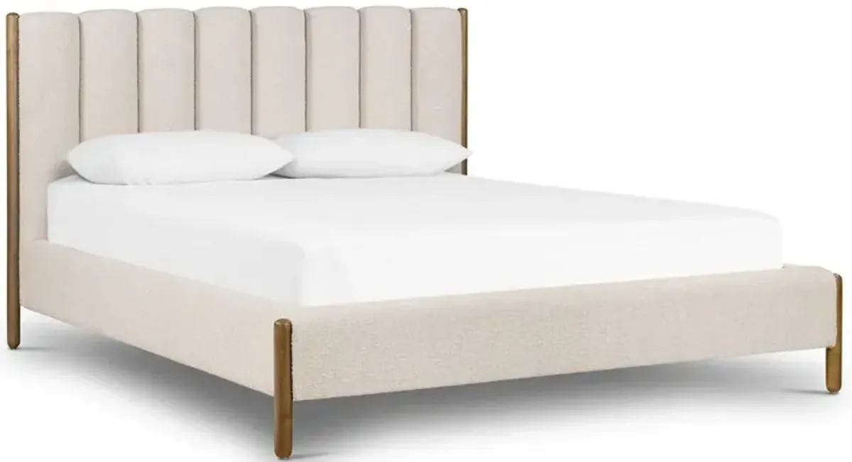 Tola Mid Century White Performance Boucle Channel Tufted Brown Wood Bed - Queen