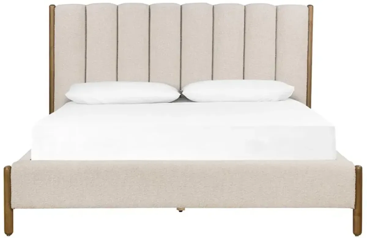 Tola Mid Century White Performance Boucle Channel Tufted Brown Wood Bed - Queen