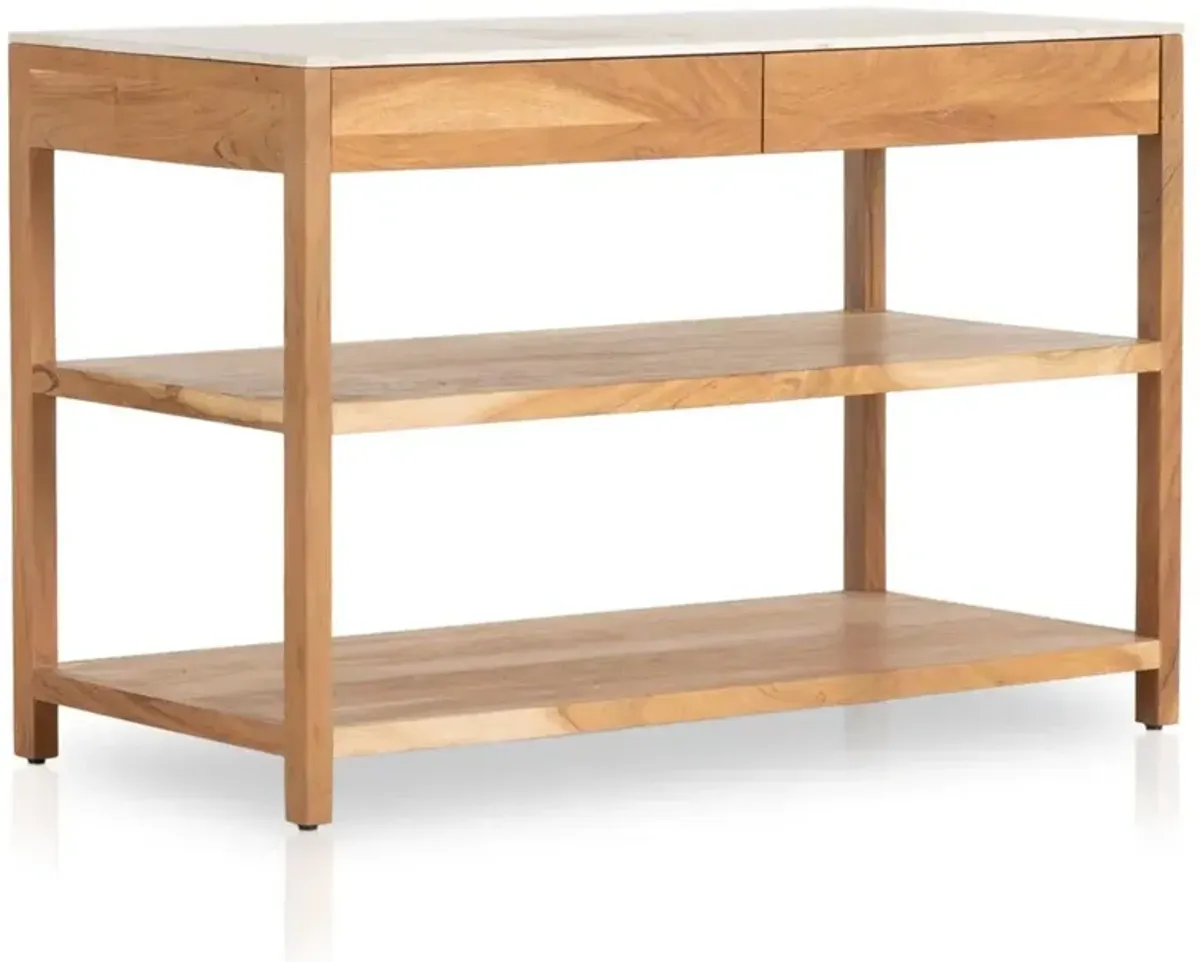 Sohail Coastal Beach White Marble Brown Acacia Wood Kitchen Island - 54"