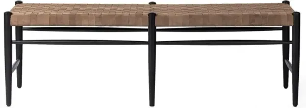 Lara Coastal Beach Brown Woven Leather Seat Black Oak Wood Frame Bench