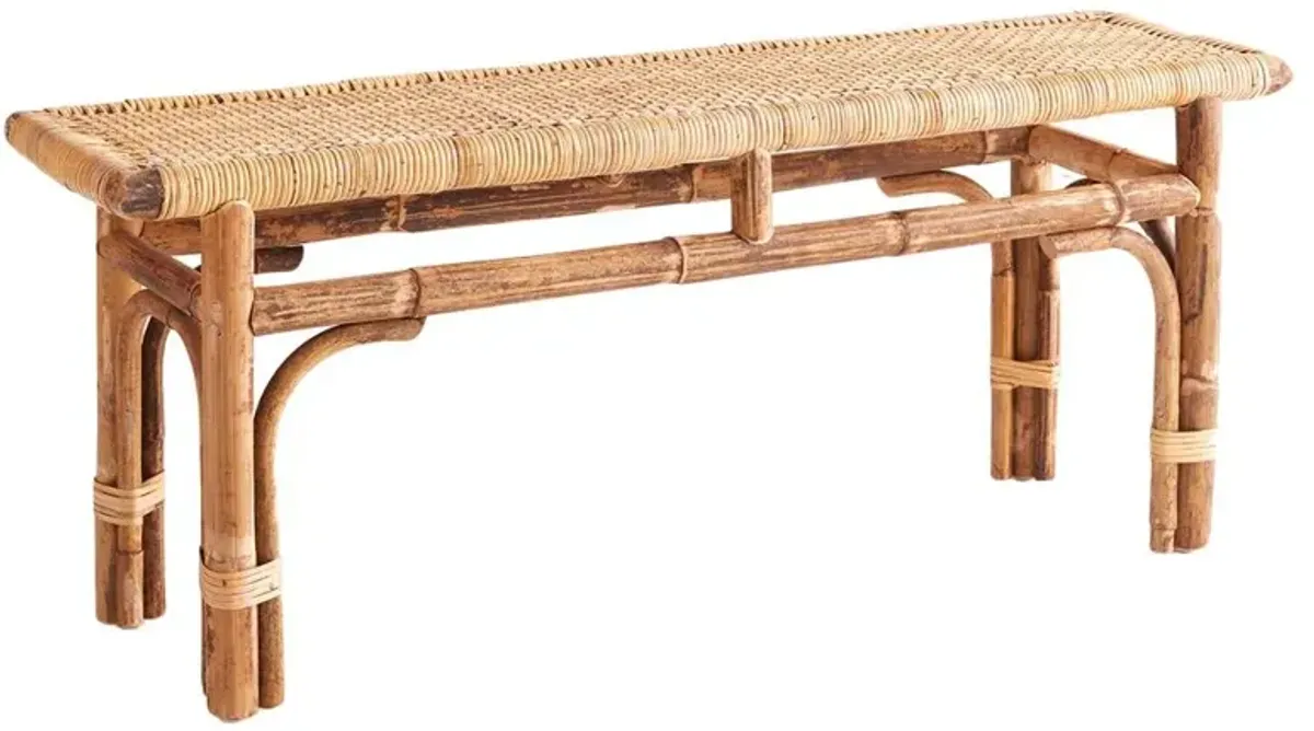 Verna Coastal Beach Natural Rattan Top Solid Wood Base Entryway Bench