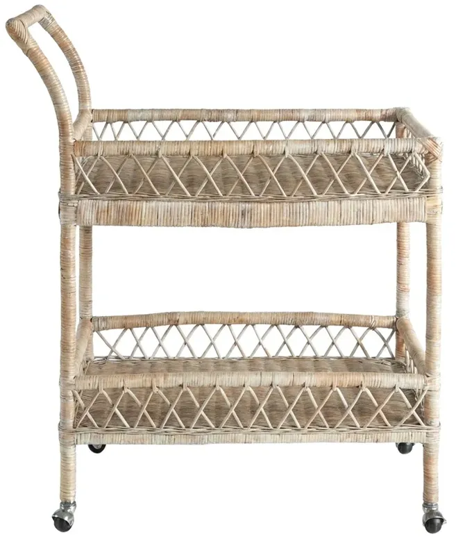 Neriya Coastal Beach Whitewash Rattan 2 Tier Woven Bar Cart
