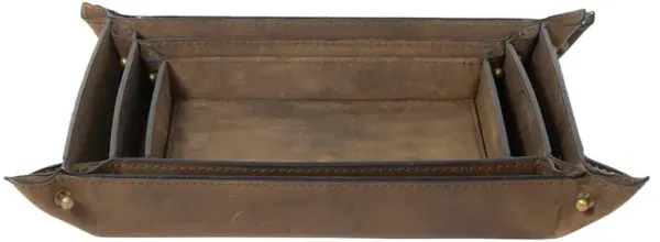 Derby Industrial Brown Leather Brass Button Decorative Tray - Set of 3