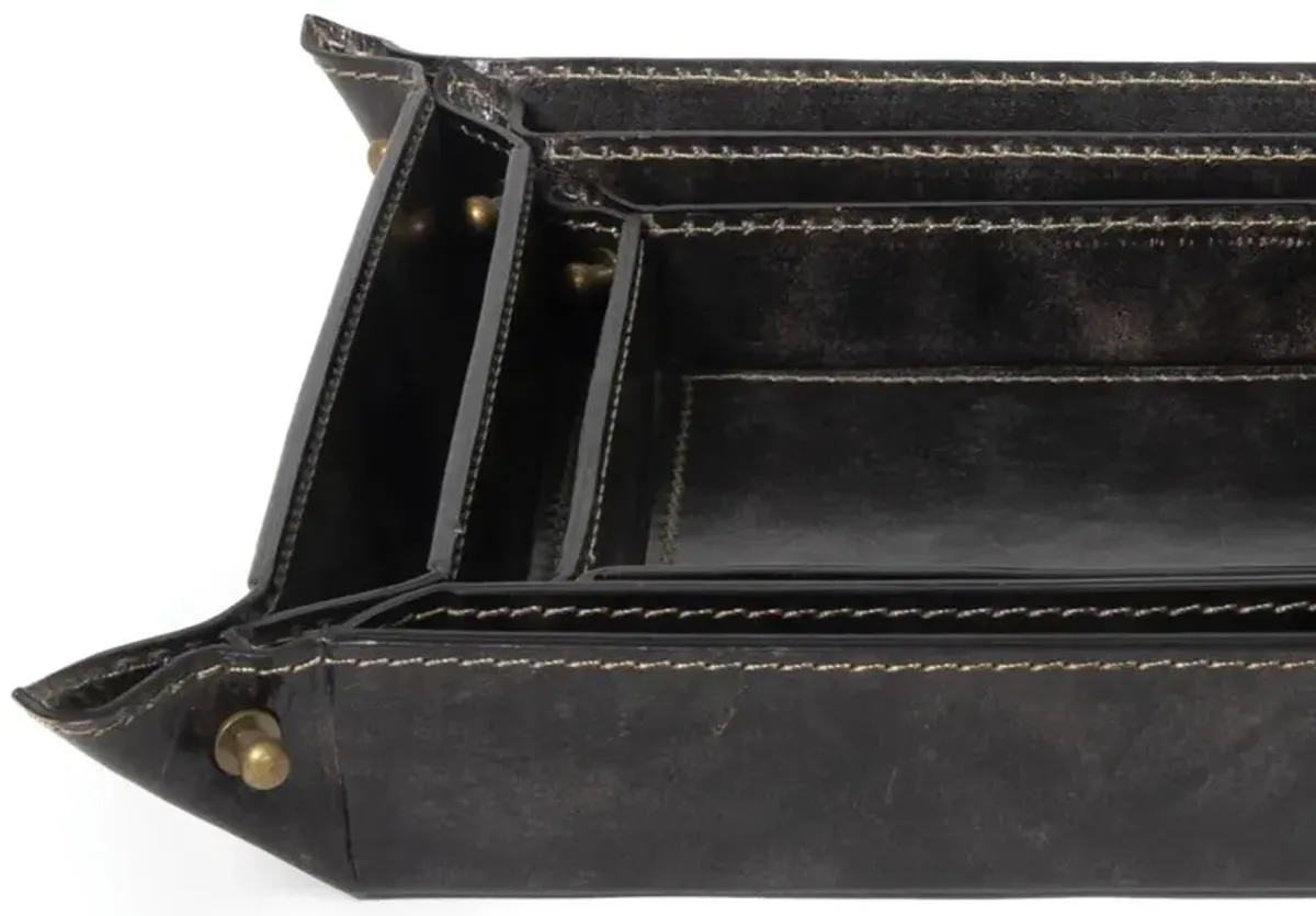 Derby Industrial Black Leather Brass Button Decorative Tray - Set of 3
