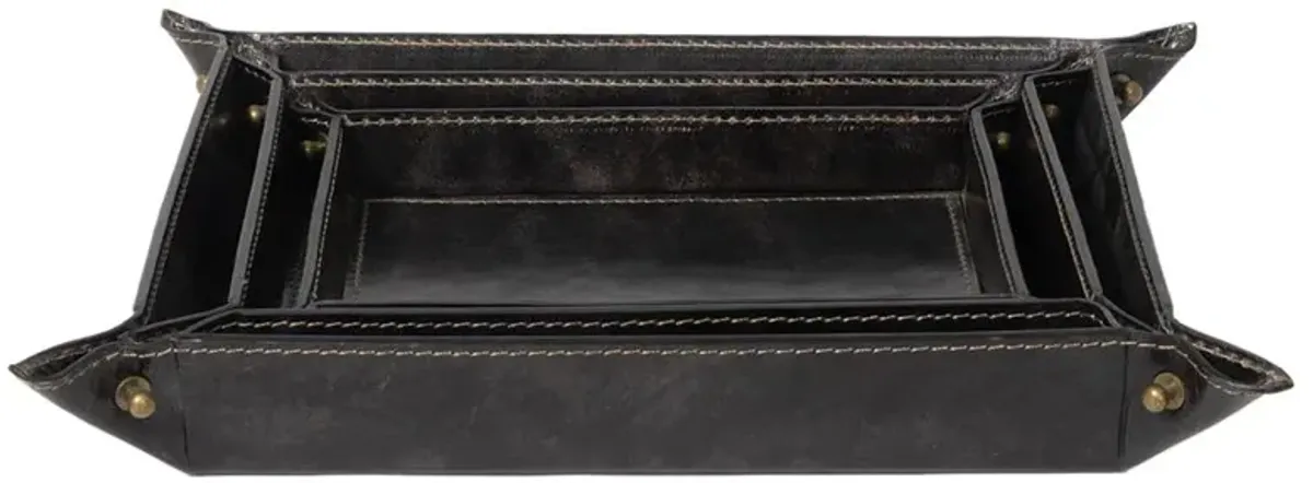 Derby Industrial Black Leather Brass Button Decorative Tray - Set of 3