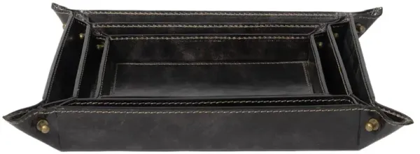 Derby Industrial Black Leather Brass Button Decorative Tray - Set of 3