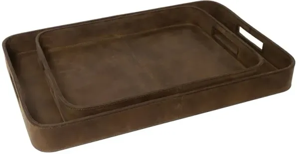 Derby Industrial Loft Brown Leather Decorative Tray - Set of 2