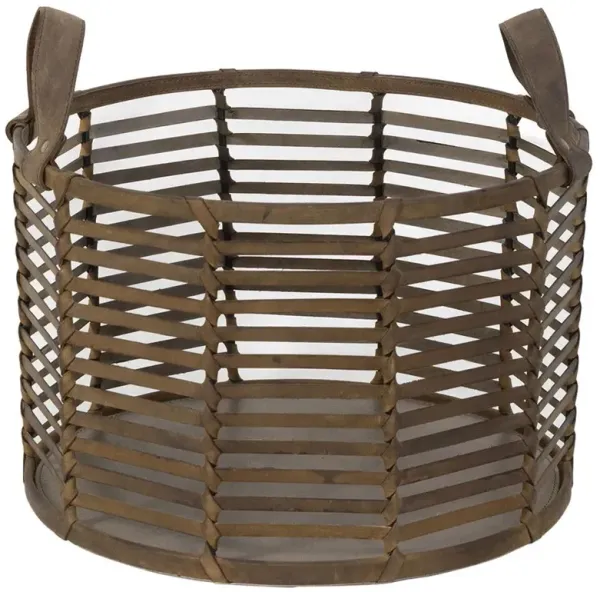 Finn Rustic Lodge Brown Woven Leather Floor Basket - Small