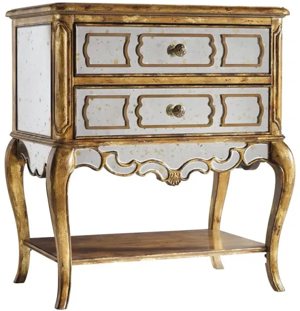 Milo French Country Gold Wood Antique Mirror 2 Drawer Nightstand