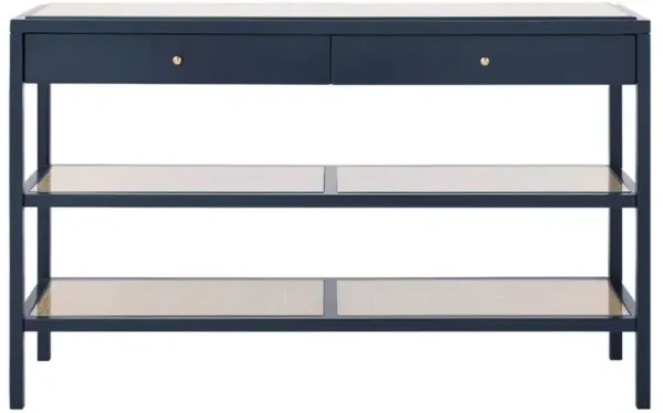 Caanan Glass Top Woven Cane Midnight Blue Wood Console Table