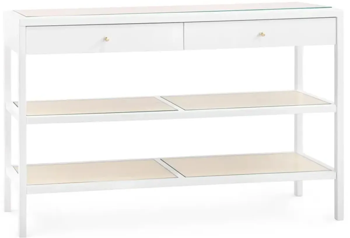 Caanan Modern Clear Glass Woven Cane Vanilla Wood Console Table