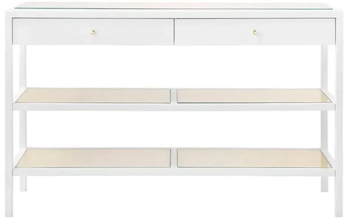 Caanan Modern Clear Glass Woven Cane Vanilla Wood Console Table