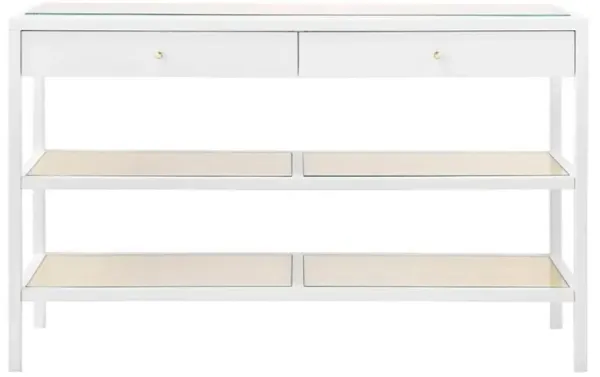 Caanan Modern Clear Glass Woven Cane Vanilla Wood Console Table