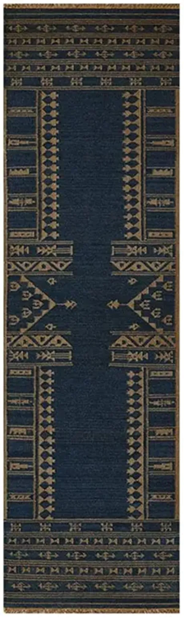Azores Global Bazaar Indigo Wool Brown Accent Tribal Patterned Rug - 2'3"x8'