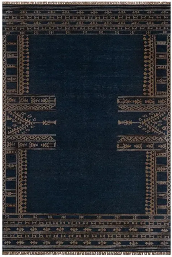 Azores Global Bazaar Indigo Wool Brown Accent Tribal Patterned Rug - 5'x8'