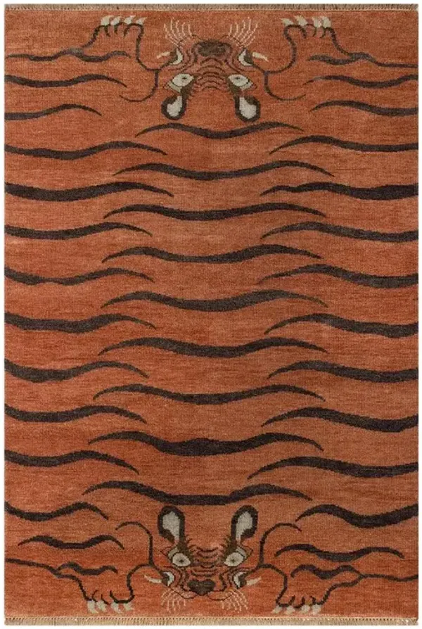 Bengal Global Bazaar Orange Wool Tiger Stripe Patterned Hand Knotted Rug - 9'x12'