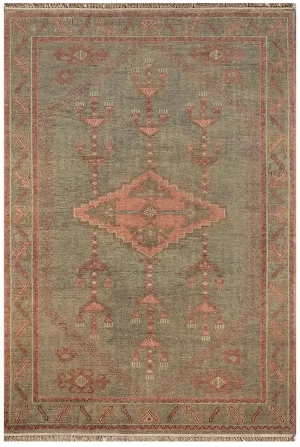 Kuku Global Bazaar Green Wool Orange Tribal Patterned Hand Knotted Rug - 5'x8'