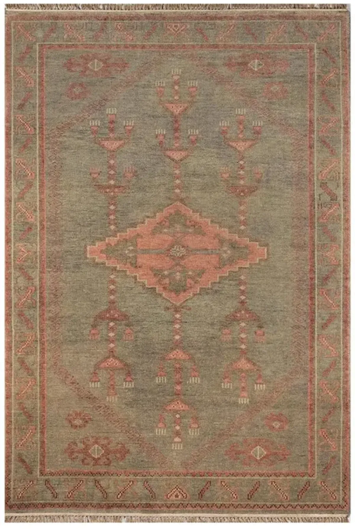 Kuku Global Bazaar Green Wool Orange Tribal Patterned Hand Knotted Rug - 8'x10'