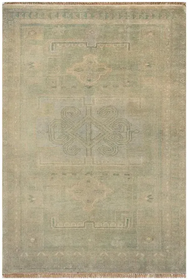 Kouka Global Bazaar Distressed Green Wool Tribal Patterned Hand Knotted Rug - 5'x8'