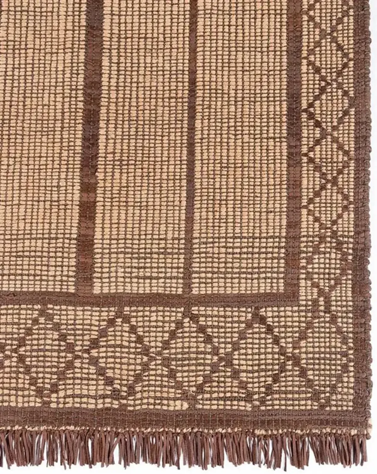 Maya Global Bazaar Brown Leather Fringe Geometric Natural Jute Rug - 2'3"x8'