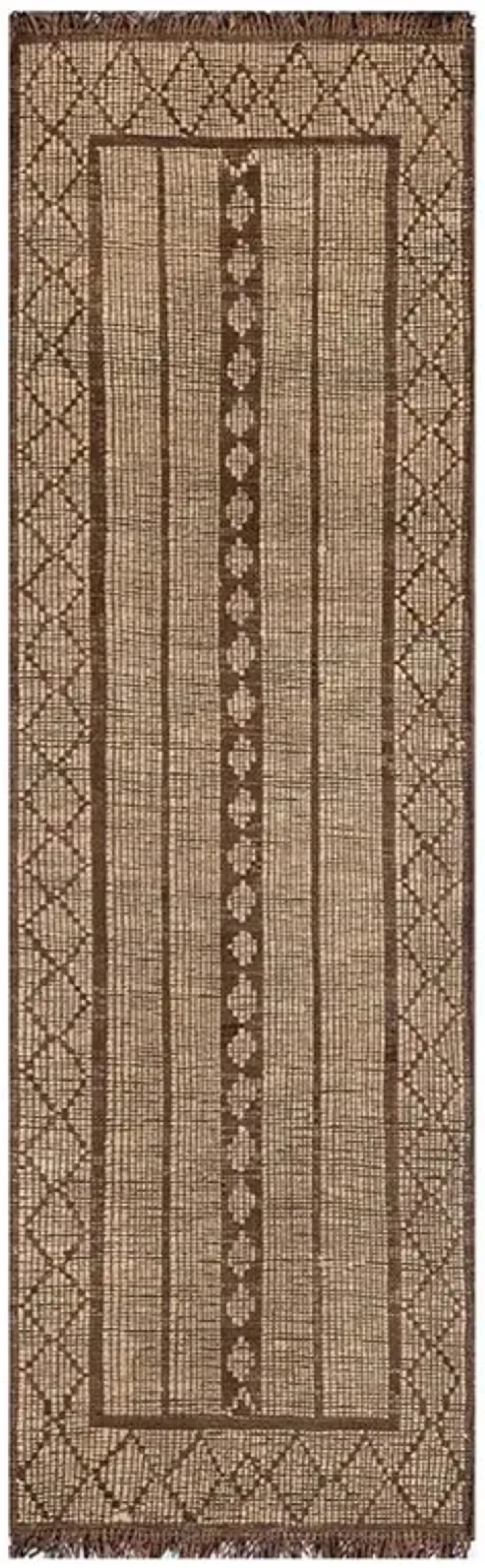 Maya Global Bazaar Brown Leather Fringe Geometric Natural Jute Rug - 2'3"x8'