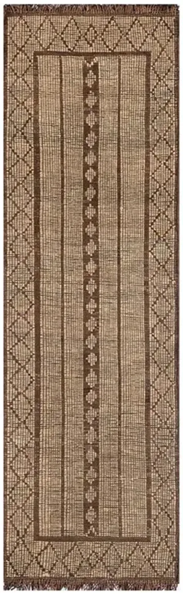 Maya Global Bazaar Brown Leather Fringe Geometric Natural Jute Rug - 2'3"x10'
