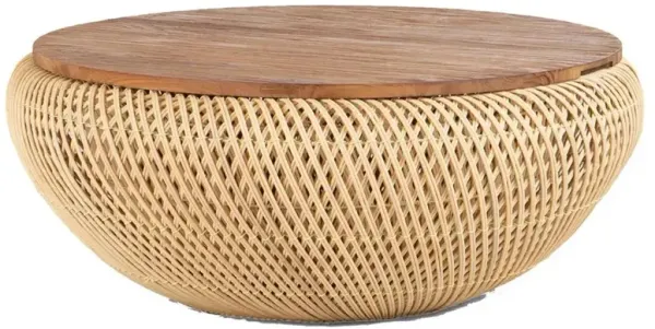 Kyawa Coastal Beach Natural Teak Top Woven Rattan Base Storage Coffee Table
