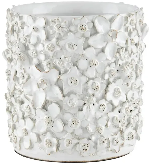 Jasmine French Country White Ceramic Floral Embossed Handmade Cachepot - Small