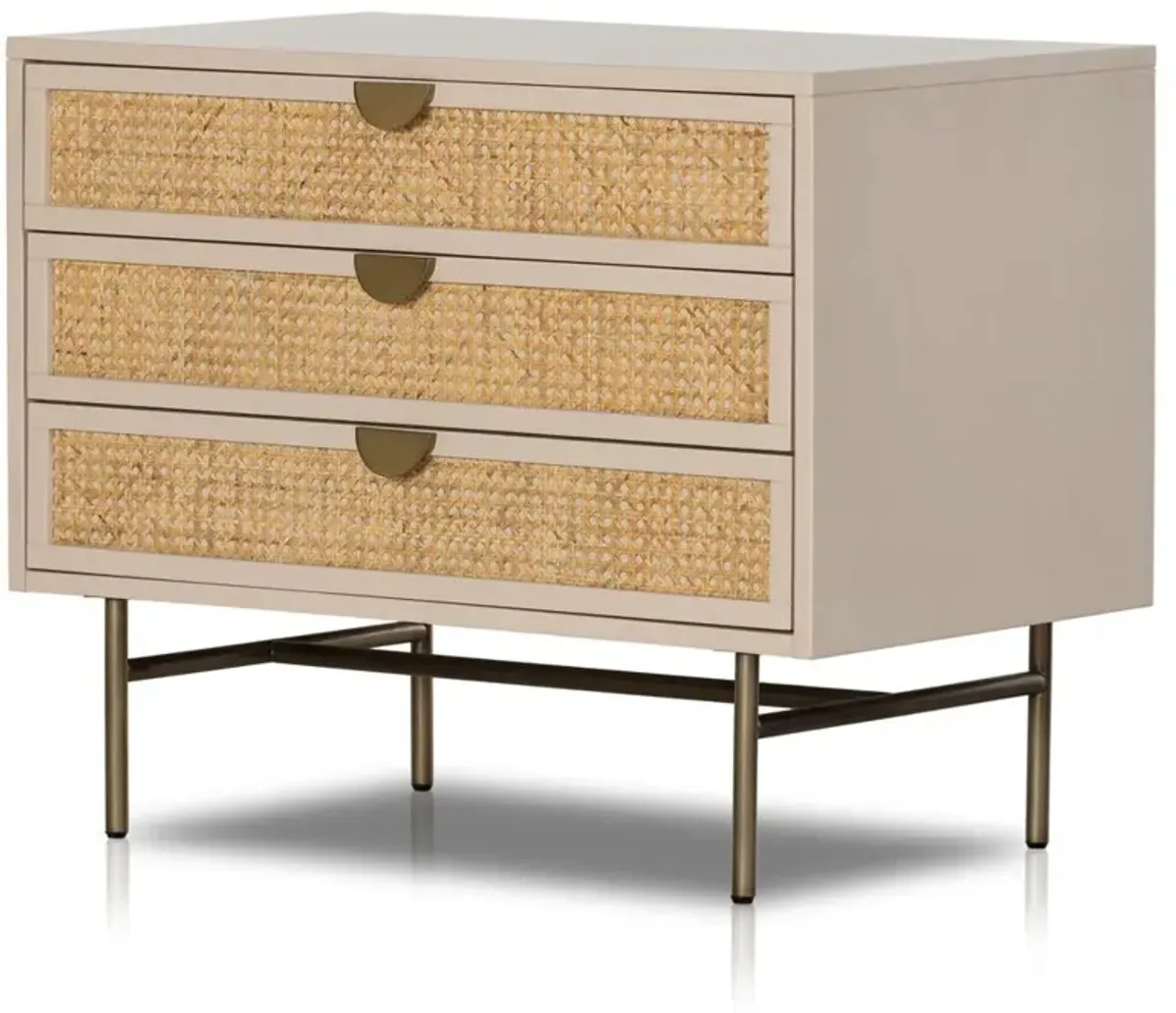 Assunta Beige Wood Natural Woven Cane Aged Brass Steel 3 Drawer Nightstand