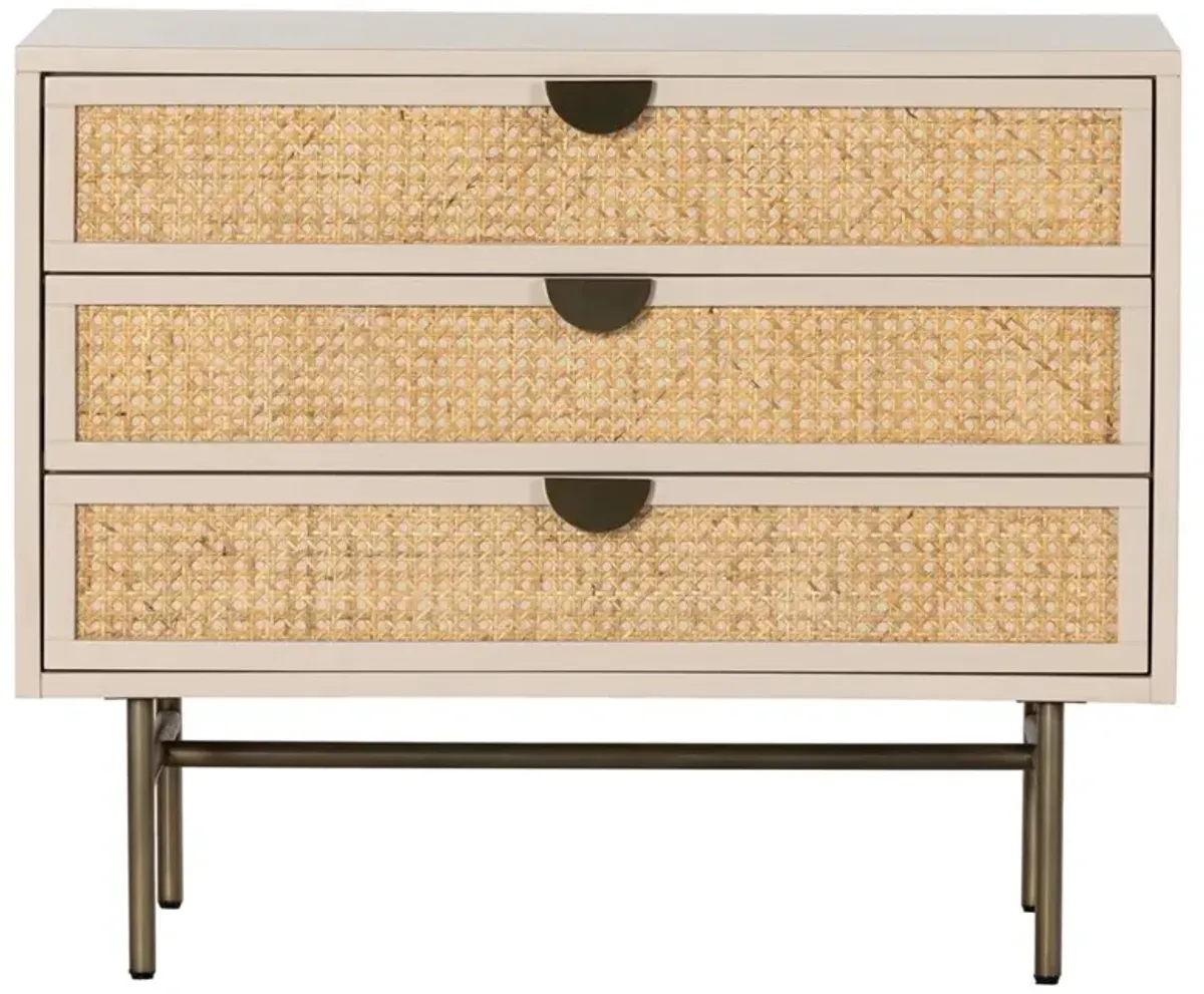 Assunta Beige Wood Natural Woven Cane Aged Brass Steel 3 Drawer Nightstand