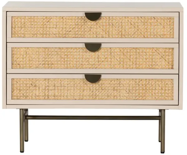 Assunta Beige Wood Natural Woven Cane Aged Brass Steel 3 Drawer Nightstand