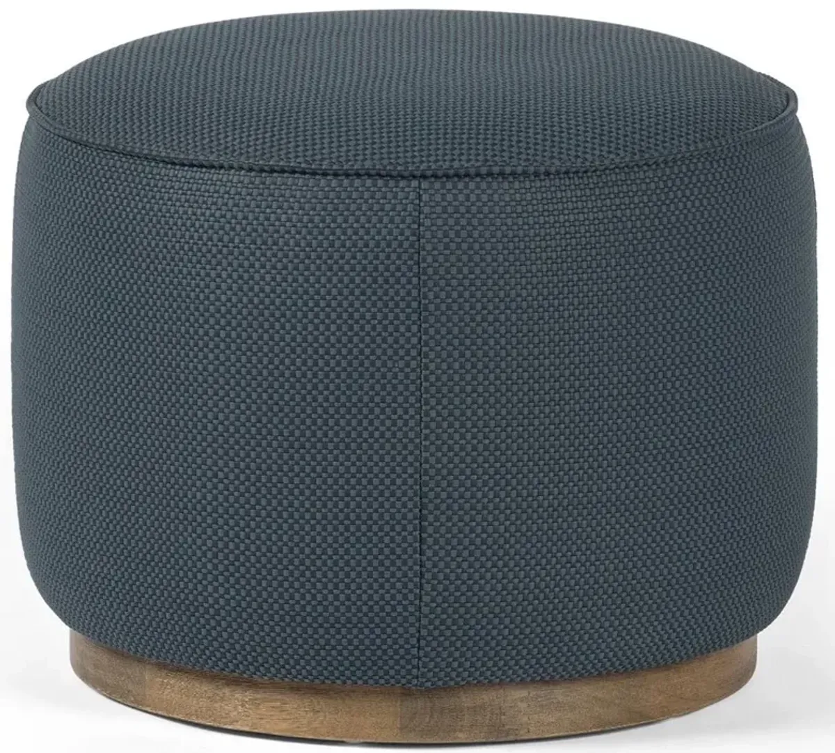 Leah Modern Classic Blue Faux Leather Brown Wood Round Ottoman - Small
