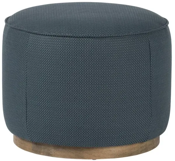Leah Modern Classic Blue Faux Leather Brown Wood Round Ottoman - Small